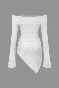 MICAS Long Sleeve Tops|Long Sleeves Tops-Off Shoulder Asymmetric Long Sleeve Top WHITE