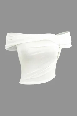 MICAS T-Shirts-Off Shoulder Asymmetric Short Sleeve Blouse