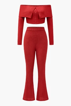 MICAS Pant Sets-Off Shoulder Cropped Top And Flared Leg Pants Set CHILI