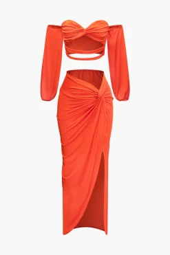 MICAS Skirt Sets|Vacation Sets-Off Shoulder Cut Out Long Sleeve Top And Twist Slit Maxi Skirt Set ORANGE