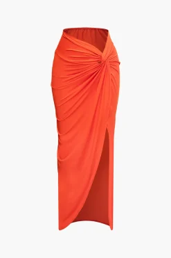 MICAS Skirt Sets|Vacation Sets-Off Shoulder Cut Out Long Sleeve Top And Twist Slit Maxi Skirt Set ORANGE