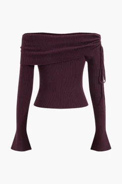 MICAS Knitwear|Knit Tops-Off Shoulder Drawstring Sweater Long-Sleeve Top EGGPLANT PURPLE