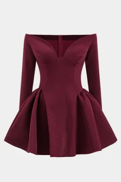 MICAS Long Sleeve Dresses|Mini Dresses-Off Shoulder Long Sleeve Mini Dress BURGUNDY