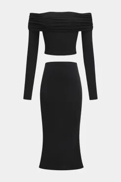 MICAS Skirt Sets-Off Shoulder Long Sleeve Top And Skirt Set BLACK