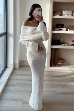 MICAS Long Sleeve Dresses|Knitwear-Off Shoulder Open Knit Maxi Dress