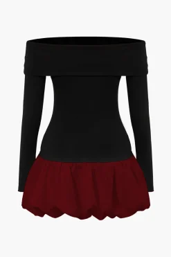 MICAS Long Sleeve Dresses|Mini Dresses-Off Shoulder Patchwork Mini Dress