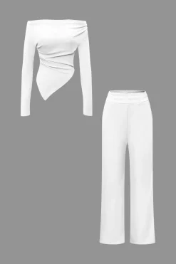 MICAS Pant Sets-Off Shoulder Ruched Asymmetric Top And Straight Leg Pants Set