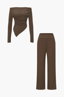 MICAS Pant Sets-Off Shoulder Ruched Asymmetric Top And Straight Leg Pants Set