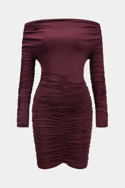 MICAS Mini Dresses|Long Sleeve Dresses-Off Shoulder Ruched Long Sleeve Mini Dress BURGUNDY