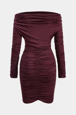 MICAS Mini Dresses|Long Sleeve Dresses-Off Shoulder Ruched Long Sleeve Mini Dress BURGUNDY