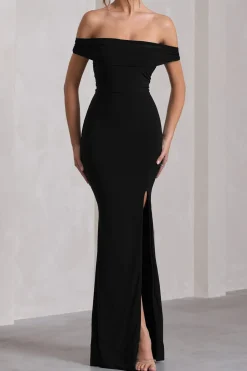 MICAS Maxi Dresses-Off Shoulder Slit Sleeveless Maxi Dress BLACK