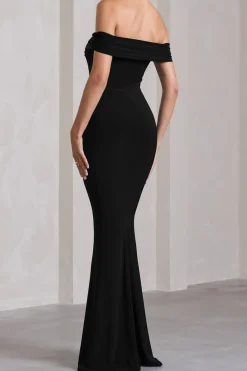 MICAS Maxi Dresses-Off Shoulder Slit Sleeveless Maxi Dress BLACK