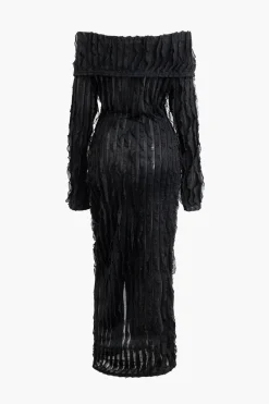 MICAS Long Sleeve Dresses|Maxi Dresses-Off Shoulder Textured Button Up Slit Long Sleeve Maxi Dress