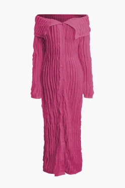 MICAS Long Sleeve Dresses|Maxi Dresses-Off Shoulder Textured Button Up Slit Long Sleeve Maxi Dress