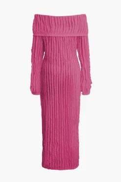 MICAS Long Sleeve Dresses|Maxi Dresses-Off Shoulder Textured Button Up Slit Long Sleeve Maxi Dress