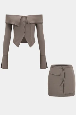 MICAS Skirt Sets-Off Shoulder Top And Asymmetrical Skirt Set LIGHT BROWN