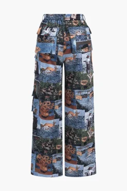 MICAS Pant Sets-Oil Painting Pattern Drawstring Strappy Top And Pocket Trousers Set MULTICOLOR