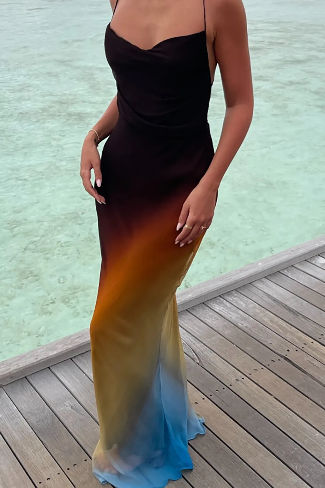 MICAS Maxi Dresses-Ombre Mesh Cowl Neck Cross Strap Maxi Dress MULTICOLOR