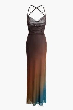 MICAS Maxi Dresses-Ombre Mesh Cowl Neck Cross Strap Maxi Dress MULTICOLOR