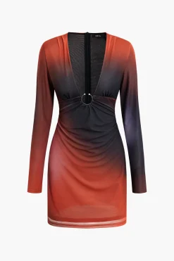 MICAS Long Sleeve Dresses|Mini Dresses-Ombre Mesh Deep V-neck Long Sleeve Mini Dress Contrast Color