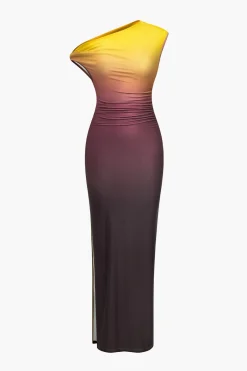 MICAS Maxi Dresses-Ombre Print One Shoulder Asymmetrical Maxi Dress BRICK