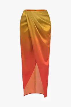 MICAS Skirts-Ombre Print Ruched Slit Skirt DARK ORANGE