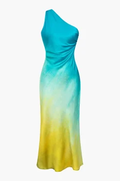 MICAS Maxi Dresses-Ombre Print Satin Asymmetrical Maxi Dress MULTICOLOR