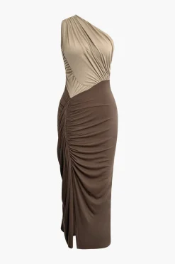 MICAS Maxi Dresses-One Shouder Patchwork Ruched Slit Maxi Dress LIGHT BROWN