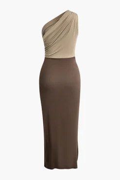 MICAS Maxi Dresses-One Shouder Patchwork Ruched Slit Maxi Dress LIGHT BROWN