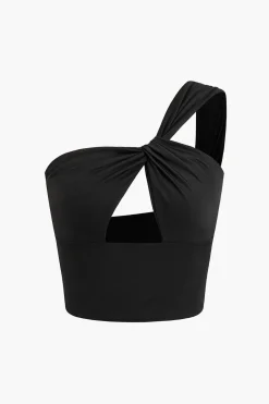MICAS Tank Tops & Cami-One Shoulder Cut Out Crop Tank Top BLACK