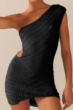 MICAS Knit Dresses-One Shoulder Cut Out Stripe Pattern Knit Mini Dress