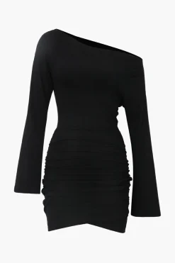 MICAS Long Sleeve Dresses|Mini Dresses-One Shoulder Flared Sleeve Ruched Wrap Mini Dress BLACK