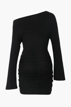 MICAS Long Sleeve Dresses|Mini Dresses-One Shoulder Flared Sleeve Ruched Wrap Mini Dress BLACK