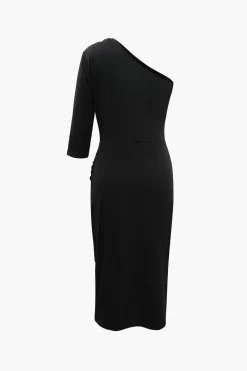 MICAS Long Sleeve Dresses|Midi Dresses-One Shoulder Ruched Midi Dress