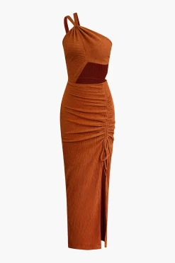 MICAS Maxi Dresses-One-Shoulder Ruched Cutout Slit Maxi Dress RUST