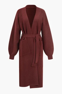 MICAS Outerwear|Outerwear-Open Front Long Knit Cardigan BURGUNDY
