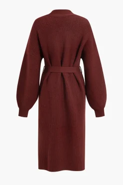 MICAS Outerwear|Outerwear-Open Front Long Knit Cardigan BURGUNDY