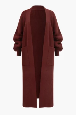 MICAS Outerwear|Outerwear-Open Front Long Knit Cardigan BURGUNDY
