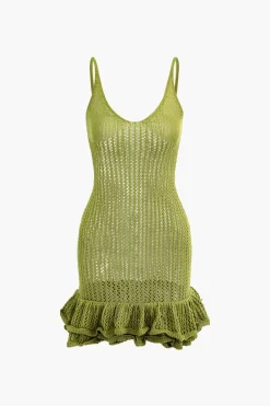 MICAS Knitwear|Mini Dresses-Open Knit Ruffle Hem Cami Mini Dress