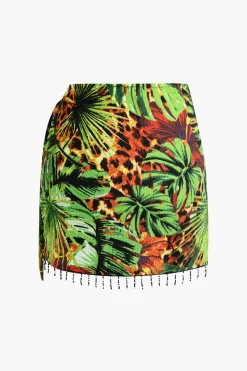 MICAS Skirts-Palm Leaf Print Fringe Knot Mini Skirt GREEN