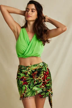MICAS Skirts-Palm Leaf Print Fringe Knot Mini Skirt GREEN