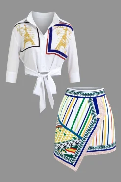 MICAS Skirt Sets-Paris Print Tie Front Crop Top And Geometric Skirt Set WHITE