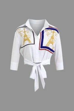 MICAS Skirt Sets-Paris Print Tie Front Crop Top And Geometric Skirt Set WHITE