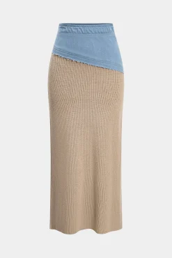 MICAS Knitwear|Knit Bottoms-Patchwork Asymmetrical Sweater Skirt TAN
