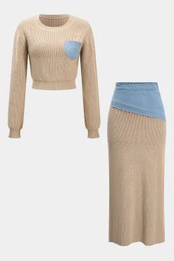 MICAS Knitwear|Knit Bottoms-Patchwork Asymmetrical Sweater Skirt TAN