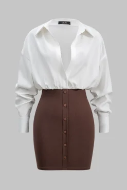 MICAS Long Sleeve Dresses|Mini Dresses-Patchwork Button Detail Long Sleeve Mini Dress Contrast Color