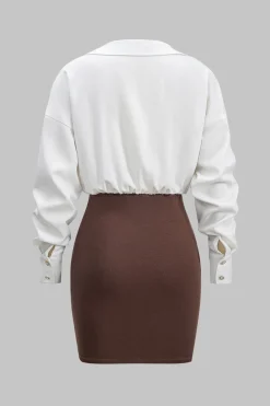 MICAS Long Sleeve Dresses|Mini Dresses-Patchwork Button Detail Long Sleeve Mini Dress Contrast Color