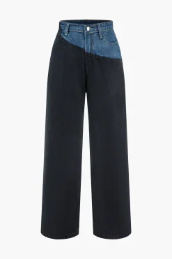 MICAS Jeans-Patchwork Denim Color Block Zipper Jeans BLACK