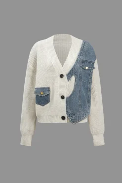 MICAS Outerwear|Knitwear-Patchwork Denim Knit Color Block Button Asymmetrical Pocket Cardigan