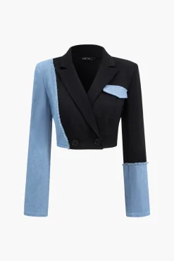 MICAS Blazers|Skirt Sets-Patchwork Denim Notched Lapel Blazer And Skirt Set BLACK